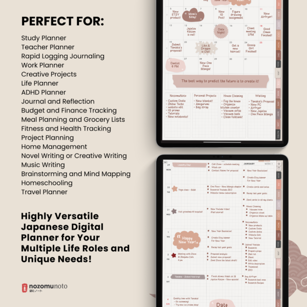 Dated Academic 2025 2026 Digital Planner Yume Techo NozomuNoto Notebook Daily Weekly Monthly Calendar Japanese Multipurpose Minimalist ADHD Bullet Journal Hyperlinked PDF Goodnotes Notability Portrait Android iPad Student Noteshelf Samsung Notes Hobonichi Noteful Penly Kilonotes Collanote Zoomnotes Samsung Notes Xodo