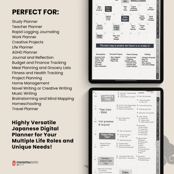 Dated Academic 2025 2026 Digital Planner Yume Techo NozomuNoto Notebook Daily Weekly Monthly Calendar Japanese Multipurpose Minimalist ADHD Bullet Journal Hyperlinked PDF Goodnotes Notability Portrait Android iPad Student Noteshelf Samsung Notes Hobonichi Noteful Penly Kilonotes Collanote Zoomnotes Samsung Notes Xodo
