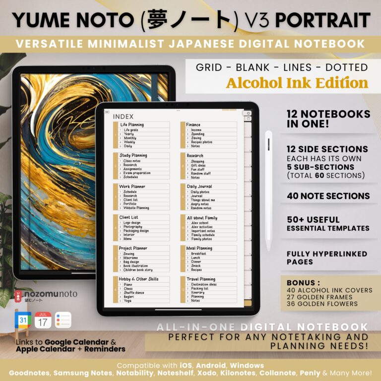Digital Notebook V2 Yume Noto NozomuNoto Japanese Multipurpose Minimalist ADHD Bullet Journal Hyperlinked PDF Goodnotes Notability Android Tablet iPad Student Study Teacher Work Home Bible Travel Cornell Grid Lines Dotted Template Noteshelf Noteful Penly Kilonotes Collanote Zoomnotes Samsung Notes Xodo