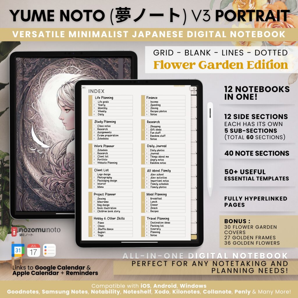Digital Notebook V2 Yume Noto NozomuNoto Japanese Multipurpose Minimalist ADHD Bullet Journal Hyperlinked PDF Goodnotes Notability Android Tablet iPad Student Study Teacher Work Home Bible Travel Cornell Grid Lines Dotted Template Noteshelf Noteful Penly Kilonotes Collanote Zoomnotes Samsung Notes Xodo