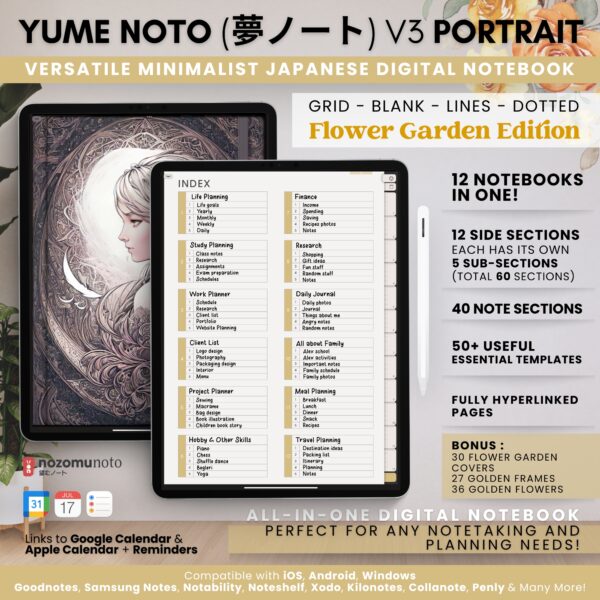 Digital Notebook V2 Yume Noto NozomuNoto Japanese Multipurpose Minimalist ADHD Bullet Journal Hyperlinked PDF Goodnotes Notability Android Tablet iPad Student Study Teacher Work Home Bible Travel Cornell Grid Lines Dotted Template Noteshelf Noteful Penly Kilonotes Collanote Zoomnotes Samsung Notes Xodo