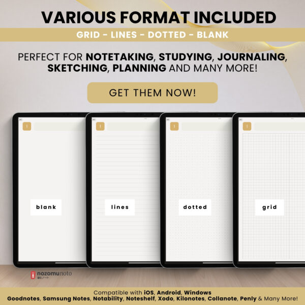 9 Format Digital Notebook V2 Yume Noto NozomuNoto Japanese Multipurpose Minimalist ADHD Bullet Journal Hyperlinked PDF Goodnotes Notability Android Tablet iPad Student Study Teacher Work Home Bible Travel Cornell Grid Lines Dotted Template Noteshelf Noteful Penly Kilonotes Collanote Zoomnotes Samsung Notes Xodo
