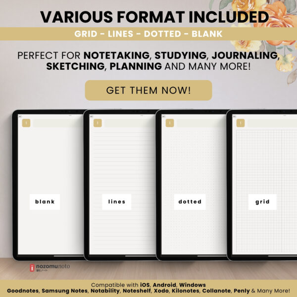 Digital Notebook V2 Yume Noto NozomuNoto Japanese Multipurpose Minimalist ADHD Bullet Journal Hyperlinked PDF Goodnotes Notability Android Tablet iPad Student Study Teacher Work Home Bible Travel Cornell Grid Lines Dotted Template Noteshelf Noteful Penly Kilonotes Collanote Zoomnotes Samsung Notes Xodo