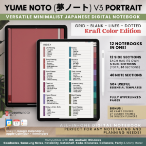 Digital Notebook V2 Yume Noto NozomuNoto Japanese Multipurpose Minimalist ADHD Bullet Journal Hyperlinked PDF Goodnotes Notability Android Tablet iPad Student Study Teacher Work Home Bible Travel Cornell Grid Lines Dotted Template Noteshelf Noteful Penly Kilonotes Collanote Zoomnotes Samsung Notes Xodo