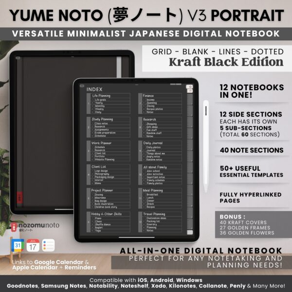 Digital Notebook V2 Yume Noto NozomuNoto Japanese Multipurpose Minimalist ADHD Bullet Journal Hyperlinked PDF Goodnotes Notability Android Tablet iPad Student Study Teacher Work Home Bible Travel Cornell Grid Lines Dotted Template Noteshelf Noteful Penly Kilonotes Collanote Zoomnotes Samsung Notes Xodo