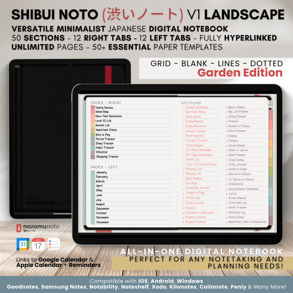 Digital Notebook V1 Landscape Shibui Noto NozomuNoto Japanese Multipurpose Minimalist ADHD Bullet Journal Hyperlinked PDF Goodnotes Notability Android Tablet iPad Student Study Teacher Sketch Cornell Grid Lines Dotted Template Noteshelf Samsung Xodo