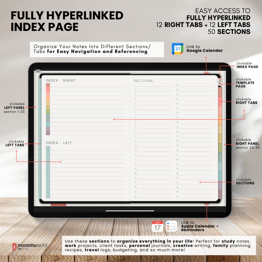 Digital Notebook V1 Landscape Shibui Noto NozomuNoto Japanese Multipurpose Minimalist ADHD Bullet Journal Hyperlinked PDF Goodnotes Notability Android Tablet iPad Student Study Teacher Sketch Cornell Grid Lines Dotted Template Noteshelf Samsung Xodo
