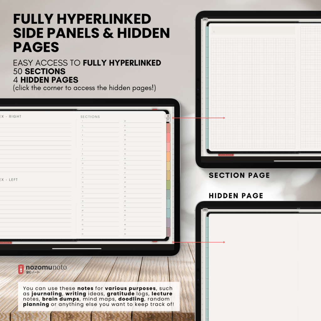 Digital Notebook V1 Landscape Shibui Noto NozomuNoto Japanese Multipurpose Minimalist ADHD Bullet Journal Hyperlinked PDF Goodnotes Notability Android Tablet iPad Student Study Teacher Sketch Cornell Grid Lines Dotted Template Noteshelf Samsung Xodo