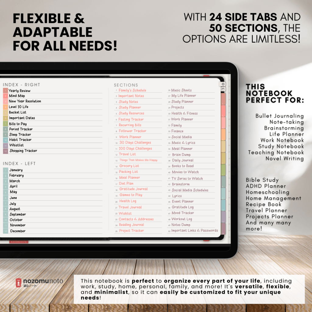 Digital Notebook V1 Landscape Shibui Noto NozomuNoto Japanese Multipurpose Minimalist ADHD Bullet Journal Hyperlinked PDF Goodnotes Notability Android Tablet iPad Student Study Teacher Sketch Cornell Grid Lines Dotted Template Noteshelf Samsung Xodo