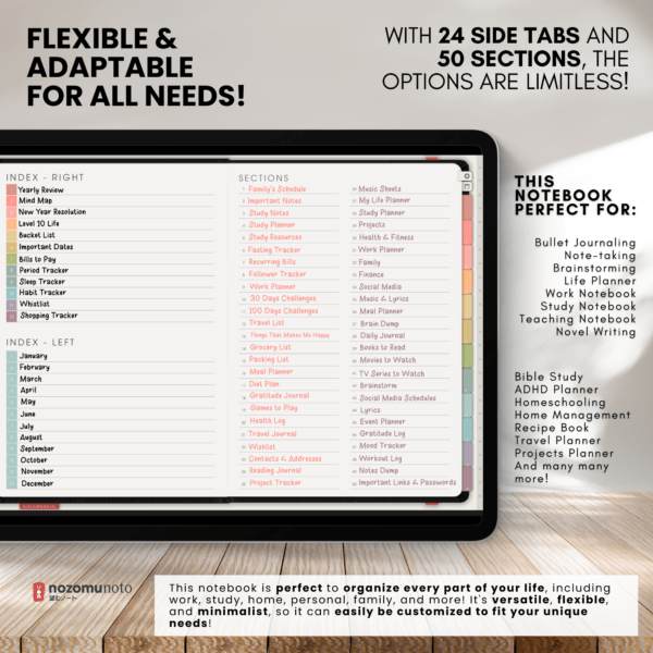 Digital Notebook V1 Landscape Shibui Noto NozomuNoto Japanese Multipurpose Minimalist ADHD Bullet Journal Hyperlinked PDF Goodnotes Notability Android Tablet iPad Student Study Teacher Sketch Cornell Grid Lines Dotted Template Noteshelf Samsung Xodo