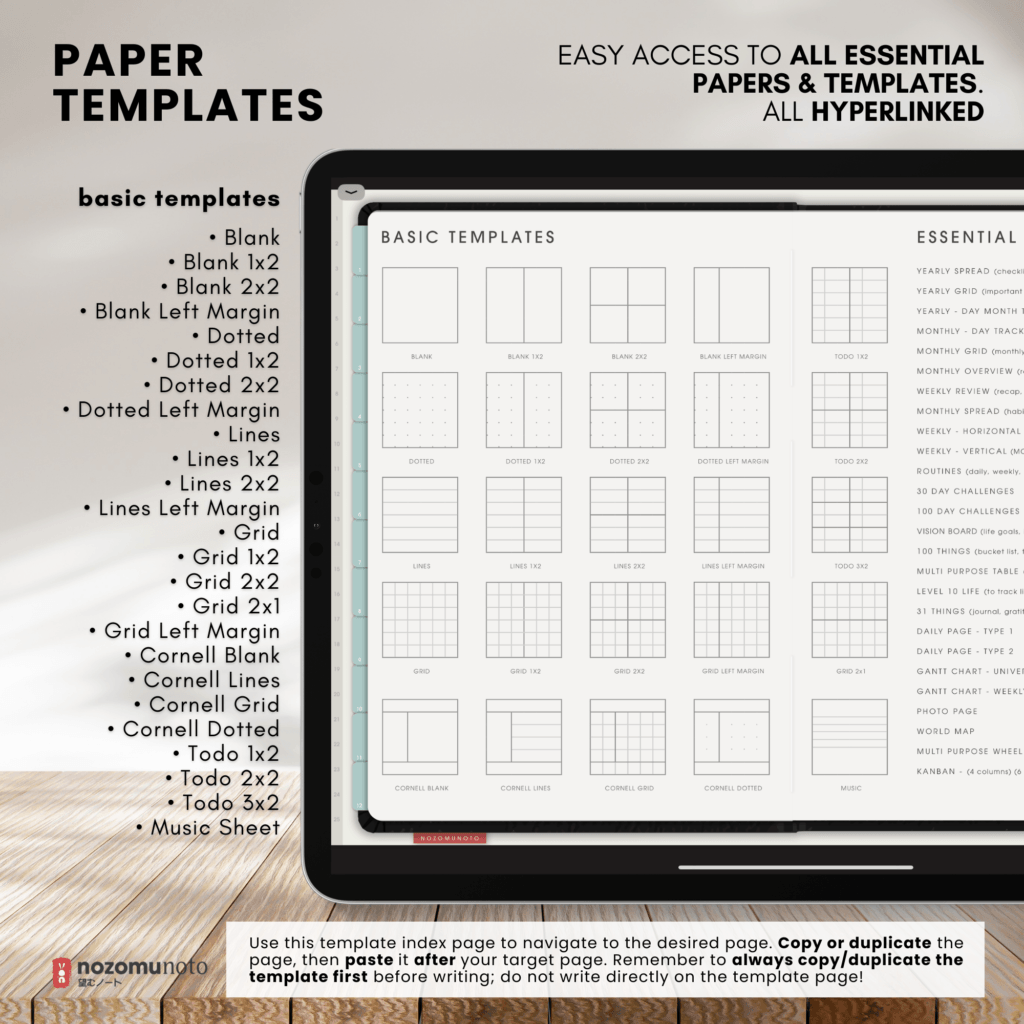 Digital Notebook V1 Landscape Shibui Noto NozomuNoto Japanese Multipurpose Minimalist ADHD Bullet Journal Hyperlinked PDF Goodnotes Notability Android Tablet iPad Student Study Teacher Sketch Cornell Grid Lines Dotted Template Noteshelf Samsung Xodo