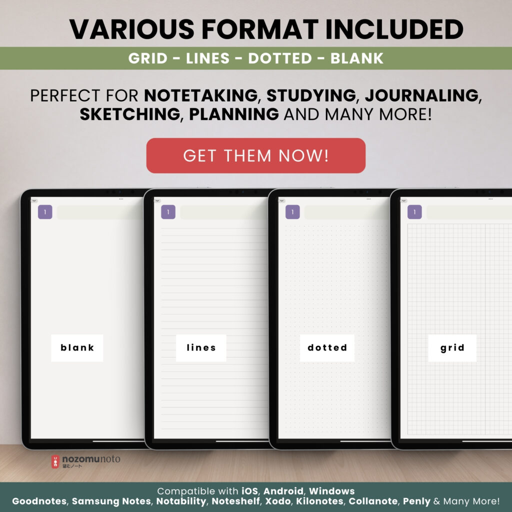 Digital Notebook V2 Yume Noto NozomuNoto Japanese Multipurpose Minimalist ADHD Bullet Journal Hyperlinked PDF Goodnotes Notability Android Tablet iPad Student Study Teacher Work Home Bible Travel Cornell Grid Lines Dotted Template Noteshelf Noteful Penly Kilonotes Collanote Zoomnotes Samsung Notes Xodo