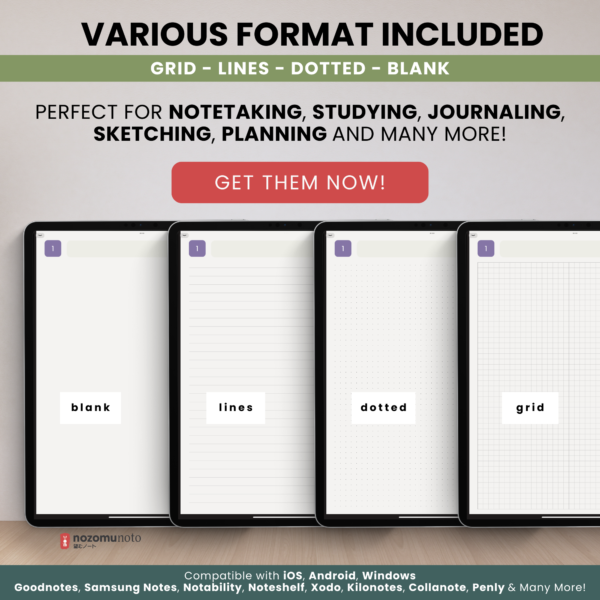 Digital Notebook V2 Yume Noto NozomuNoto Japanese Multipurpose Minimalist ADHD Bullet Journal Hyperlinked PDF Goodnotes Notability Android Tablet iPad Student Study Teacher Work Home Bible Travel Cornell Grid Lines Dotted Template Noteshelf Noteful Penly Kilonotes Collanote Zoomnotes Samsung Notes Xodo