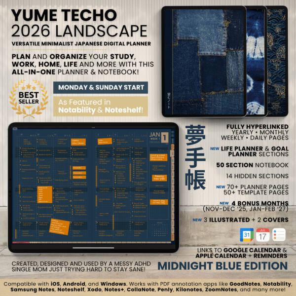 2026 Digital Planner Yume Techo NozomuNoto Notebook Daily Weekly Monthly Calendar Japanese Multipurpose Minimalist ADHD Bullet Journal Hyperlinked PDF Goodnotes Notability Landscape Android iPad Student Study Noteshelf Samsung Notes Hobonichi Noteful Penly Kilonotes Collanote Zoomnotes