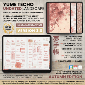 Undated Digital Planner Yume Techo NozomuNoto Notebook Daily Weekly Monthly Calendar Japanese Multipurpose Minimalist ADHD Bullet Journal Hyperlinked PDF Goodnotes Notability Landscape Android iPad Student Study Noteshelf Samsung Notes Hobonichi Noteful Penly Kilonotes Collanote Zoomnotes
