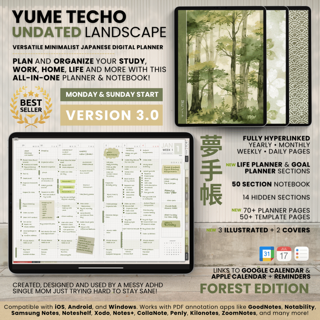 Undated Digital Planner Yume Techo NozomuNoto Notebook Daily Weekly Monthly Calendar Japanese Multipurpose Minimalist ADHD Bullet Journal Hyperlinked PDF Goodnotes Notability Landscape Android iPad Student Study Noteshelf Samsung Notes Hobonichi Noteful Penly Kilonotes Collanote Zoomnotes