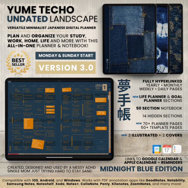 1. Title Undated Digital Planner Yume Techo NozomuNoto Notebook Daily Weekly Monthly Calendar Japanese Multipurpose Minimalist ADHD Bullet Journal Hyperlinked PDF Goodnotes Notability Landscape Android iPad Student Study Noteshelf Samsung Notes Hobonichi Noteful Penly Kilonotes Collanote Zoomnotes