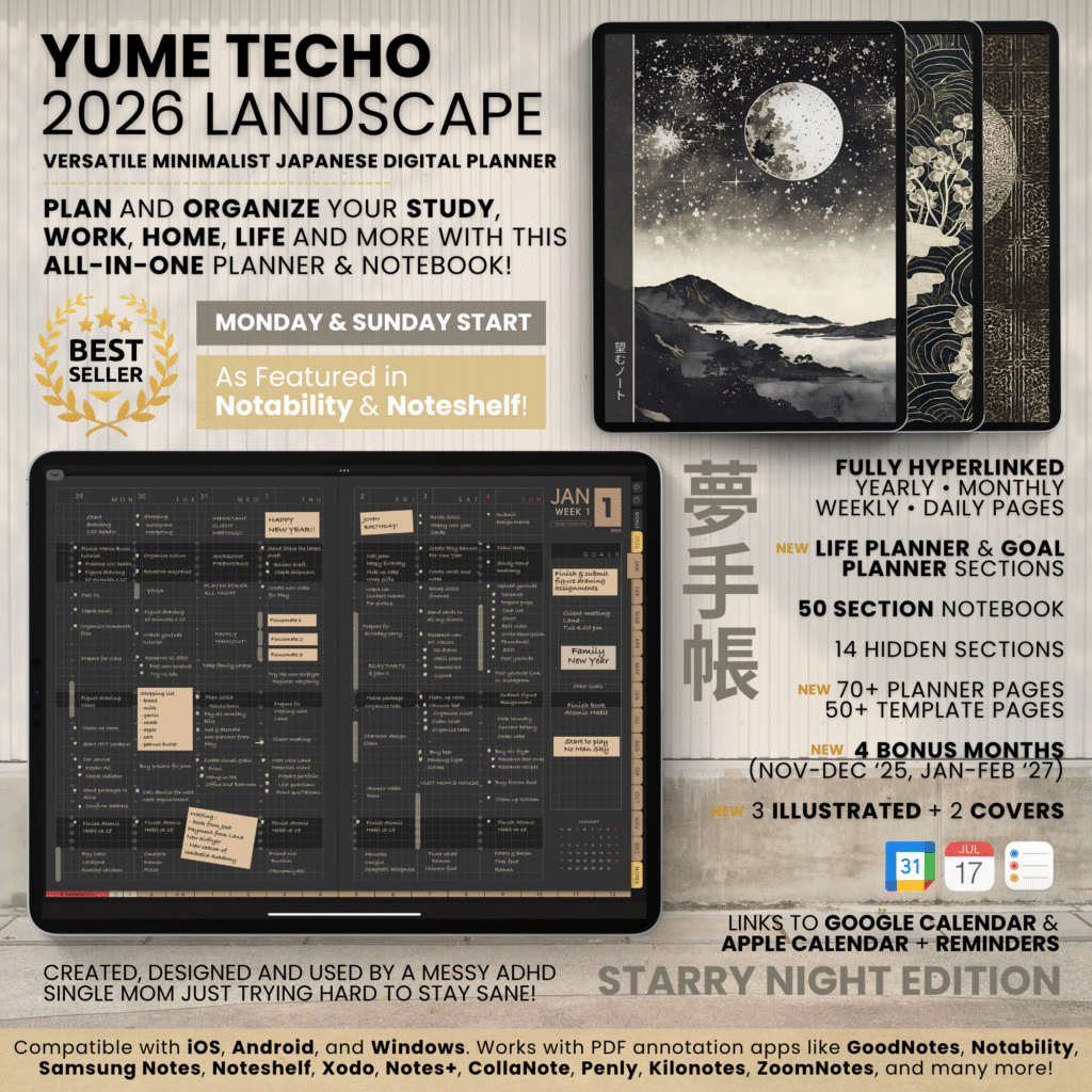 2026 Digital Planner Yume Techo NozomuNoto Notebook Daily Weekly Monthly Calendar Japanese Multipurpose Minimalist ADHD Bullet Journal Hyperlinked PDF Goodnotes Notability Landscape Android iPad Student Study Noteshelf Samsung Notes Hobonichi Noteful Penly Kilonotes Collanote Zoomnotes