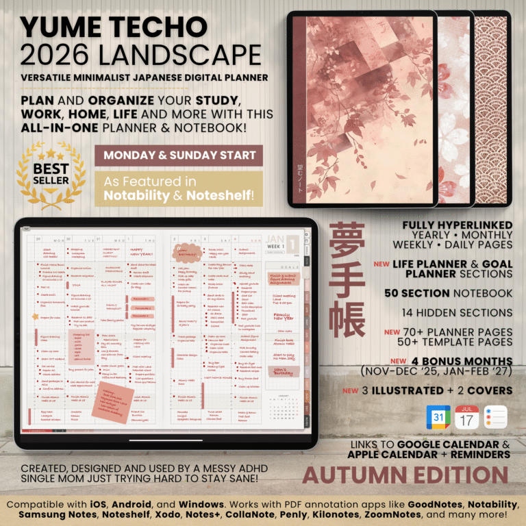 2026 Digital Planner Yume Techo NozomuNoto Notebook Daily Weekly Monthly Calendar Japanese Multipurpose Minimalist ADHD Bullet Journal Hyperlinked PDF Goodnotes Notability Landscape Android iPad Student Study Noteshelf Samsung Notes Hobonichi Noteful Penly Kilonotes Collanote Zoomnotes
