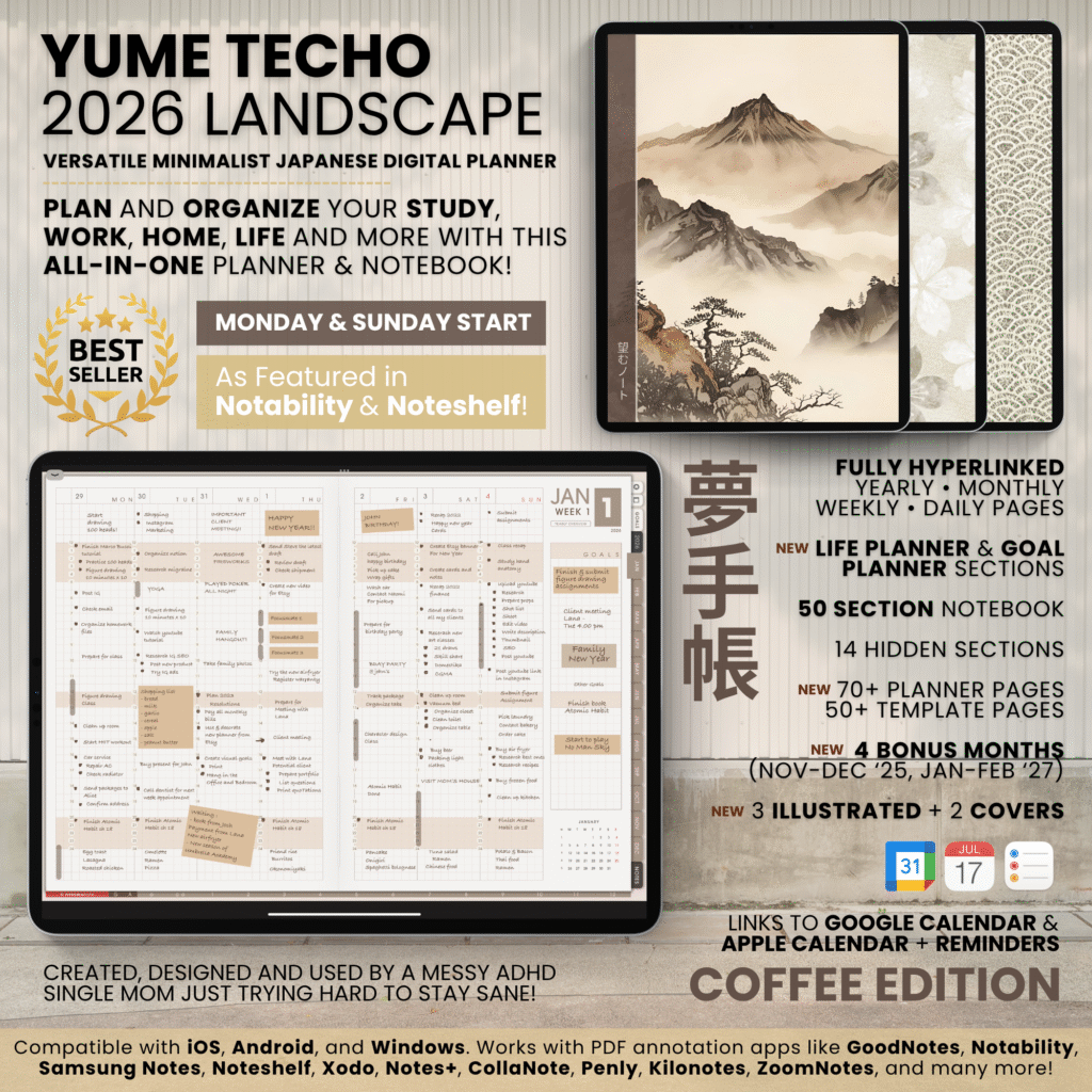 2026 Digital Planner Yume Techo NozomuNoto Notebook Daily Weekly Monthly Calendar Japanese Multipurpose Minimalist ADHD Bullet Journal Hyperlinked PDF Goodnotes Notability Landscape Android iPad Student Study Noteshelf Samsung Notes Hobonichi Noteful Penly Kilonotes Collanote Zoomnotes