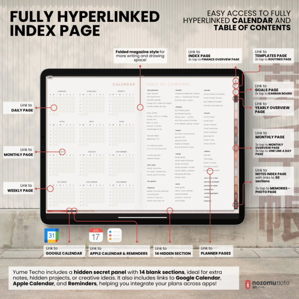 2. Index Undated Digital Planner Yume Techo NozomuNoto Notebook Daily Weekly Monthly Calendar Japanese Multipurpose Minimalist ADHD Bullet Journal Hyperlinked PDF Goodnotes Notability Landscape Android iPad Student Study Noteshelf Samsung Notes Hobonichi Noteful Penly Kilonotes Collanote Zoomnotes