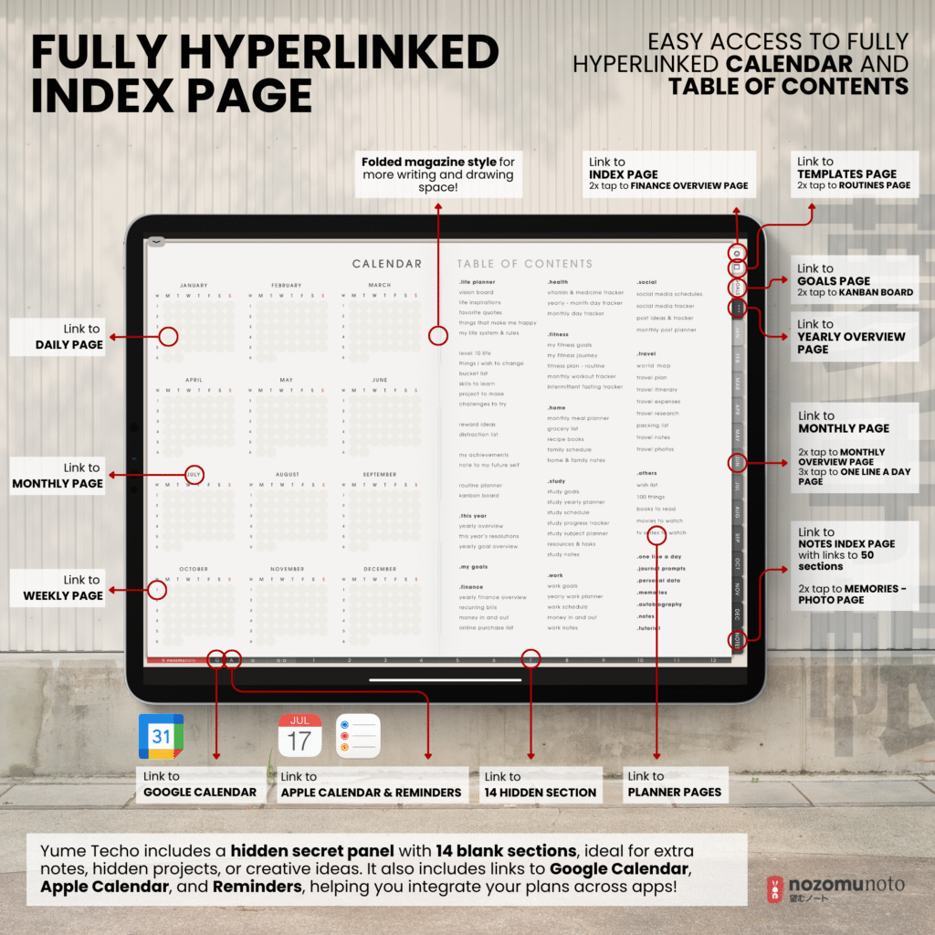 Undated Digital Planner Yume Techo NozomuNoto Notebook Daily Weekly Monthly Calendar Japanese Multipurpose Minimalist ADHD Bullet Journal Hyperlinked PDF Goodnotes Notability Landscape Android iPad Student Study Noteshelf Samsung Notes Hobonichi Noteful Penly Kilonotes Collanote Zoomnotes