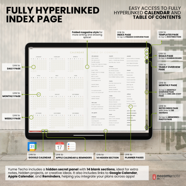 2. Index Undated Digital Planner Yume Techo NozomuNoto Notebook Daily Weekly Monthly Calendar Japanese Multipurpose Minimalist ADHD Bullet Journal Hyperlinked PDF Goodnotes Notability Landscape Android iPad Student Study Noteshelf Samsung Notes Hobonichi Noteful Penly Kilonotes Collanote Zoomnotes