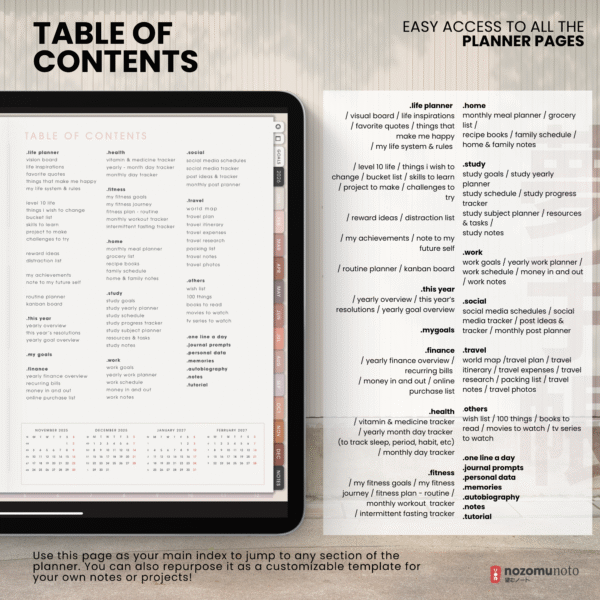 5. Table of contents 2026 Digital Planner Yume Techo NozomuNoto Notebook Daily Weekly Monthly Calendar Japanese Multipurpose Minimalist ADHD Bullet Journal Hyperlinked PDF Goodnotes Notability Landscape Android iPad Student Study Noteshelf Samsung Notes Hobonichi Noteful Penly Kilonotes Collanote Zoomnotes