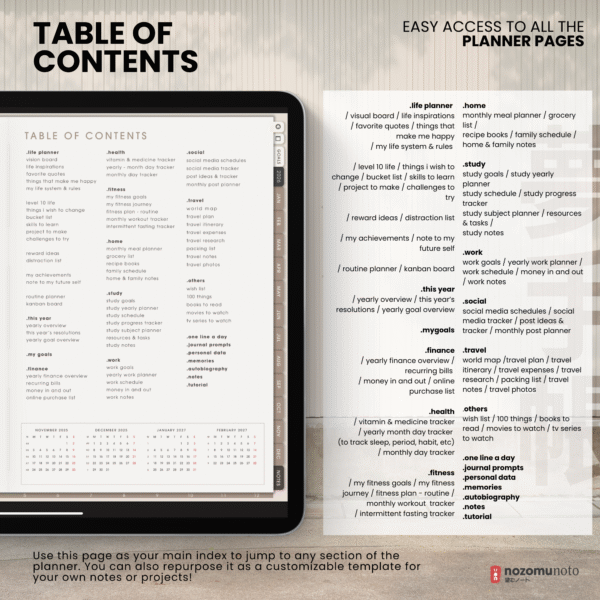 5. Table of contents 2026 Digital Planner Yume Techo NozomuNoto Notebook Daily Weekly Monthly Calendar Japanese Multipurpose Minimalist ADHD Bullet Journal Hyperlinked PDF Goodnotes Notability Landscape Android iPad Student Study Noteshelf Samsung Notes Hobonichi Noteful Penly Kilonotes Collanote Zoomnotes