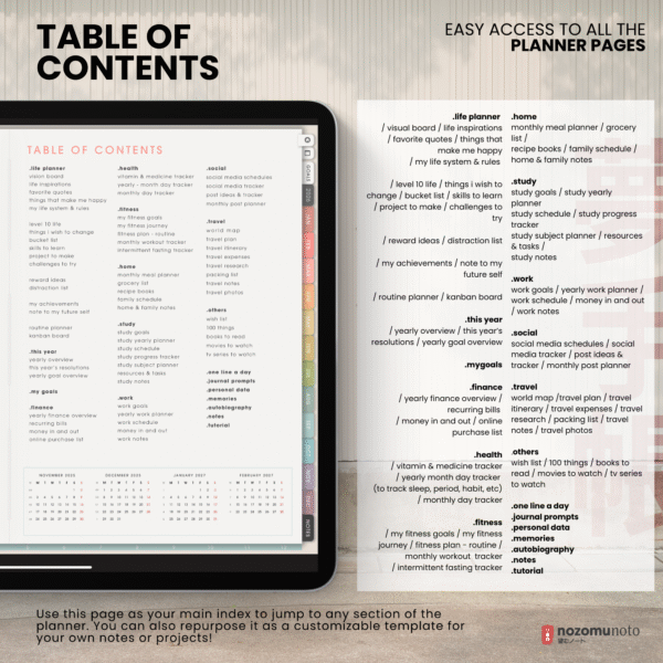 5. Table of contents 2026 Digital Planner Yume Techo NozomuNoto Notebook Daily Weekly Monthly Calendar Japanese Multipurpose Minimalist ADHD Bullet Journal Hyperlinked PDF Goodnotes Notability Landscape Android iPad Student Study Noteshelf Samsung Notes Hobonichi Noteful Penly Kilonotes Collanote Zoomnotes