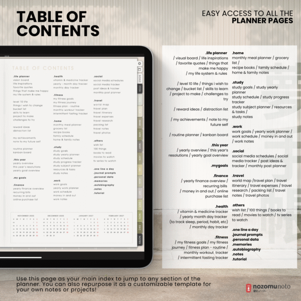 5. Table of contents 2026 Digital Planner Yume Techo NozomuNoto Notebook Daily Weekly Monthly Calendar Japanese Multipurpose Minimalist ADHD Bullet Journal Hyperlinked PDF Goodnotes Notability Landscape Android iPad Student Study Noteshelf Samsung Notes Hobonichi Noteful Penly Kilonotes Collanote Zoomnotes