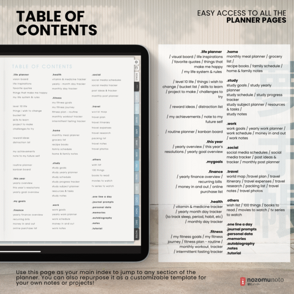 5. Table of contents Undated Digital Planner Yume Techo NozomuNoto Notebook Daily Weekly Monthly Calendar Japanese Multipurpose Minimalist ADHD Bullet Journal Hyperlinked PDF Goodnotes Notability Landscape Android iPad Student Study Noteshelf Samsung Notes Hobonichi Noteful Penly Kilonotes Collanote Zoomnotes