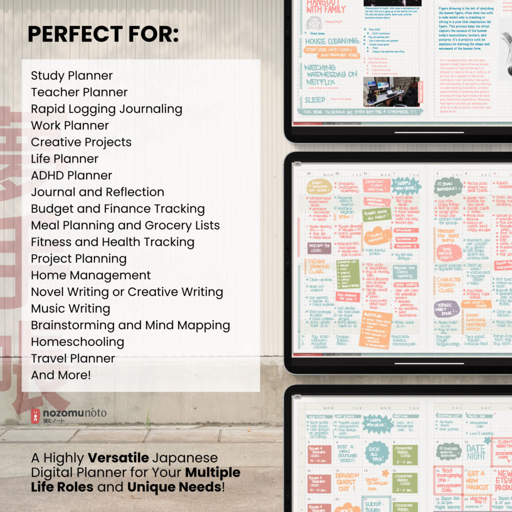 Undated Digital Planner Yume Techo NozomuNoto Notebook Daily Weekly Monthly Calendar Japanese Multipurpose Minimalist ADHD Bullet Journal Hyperlinked PDF Goodnotes Notability Landscape Android iPad Student Study Noteshelf Samsung Notes Hobonichi Noteful Penly Kilonotes Collanote Zoomnotes