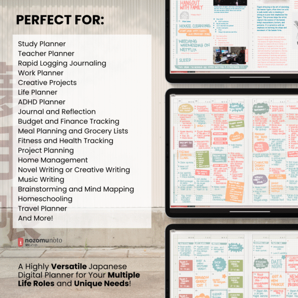6. Perfect For Undated Digital Planner Yume Techo NozomuNoto Notebook Daily Weekly Monthly Calendar Japanese Multipurpose Minimalist ADHD Bullet Journal Hyperlinked PDF Goodnotes Notability Landscape Android iPad Student Study Noteshelf Samsung Notes Hobonichi Noteful Penly Kilonotes Collanote Zoomnotes