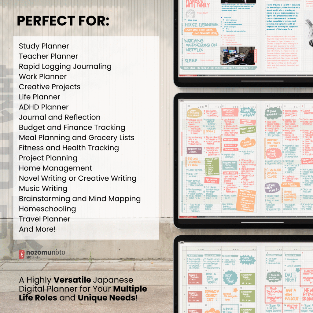 Undated Digital Planner Yume Techo NozomuNoto Notebook Daily Weekly Monthly Calendar Japanese Multipurpose Minimalist ADHD Bullet Journal Hyperlinked PDF Goodnotes Notability Landscape Android iPad Student Study Noteshelf Samsung Notes Hobonichi Noteful Penly Kilonotes Collanote Zoomnotes
