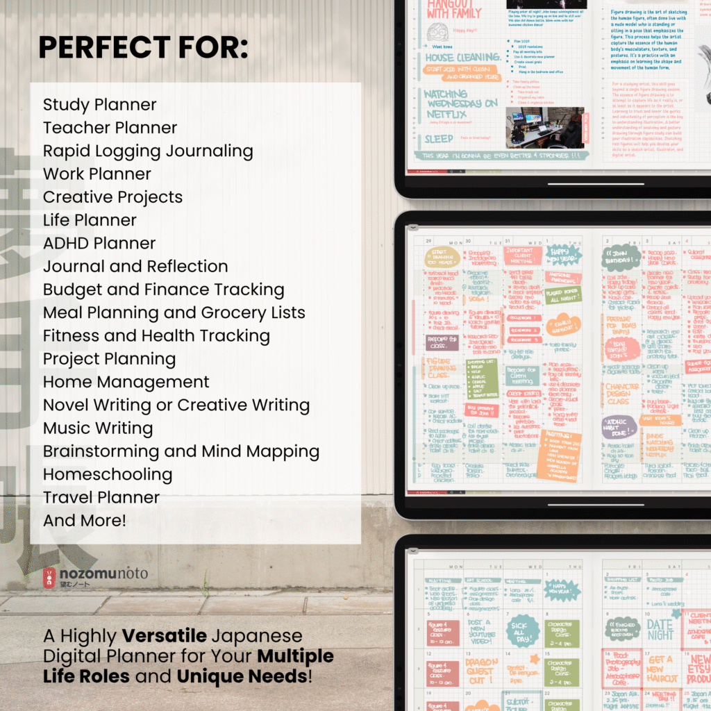 Undated Digital Planner Yume Techo NozomuNoto Notebook Daily Weekly Monthly Calendar Japanese Multipurpose Minimalist ADHD Bullet Journal Hyperlinked PDF Goodnotes Notability Landscape Android iPad Student Study Noteshelf Samsung Notes Hobonichi Noteful Penly Kilonotes Collanote Zoomnotes