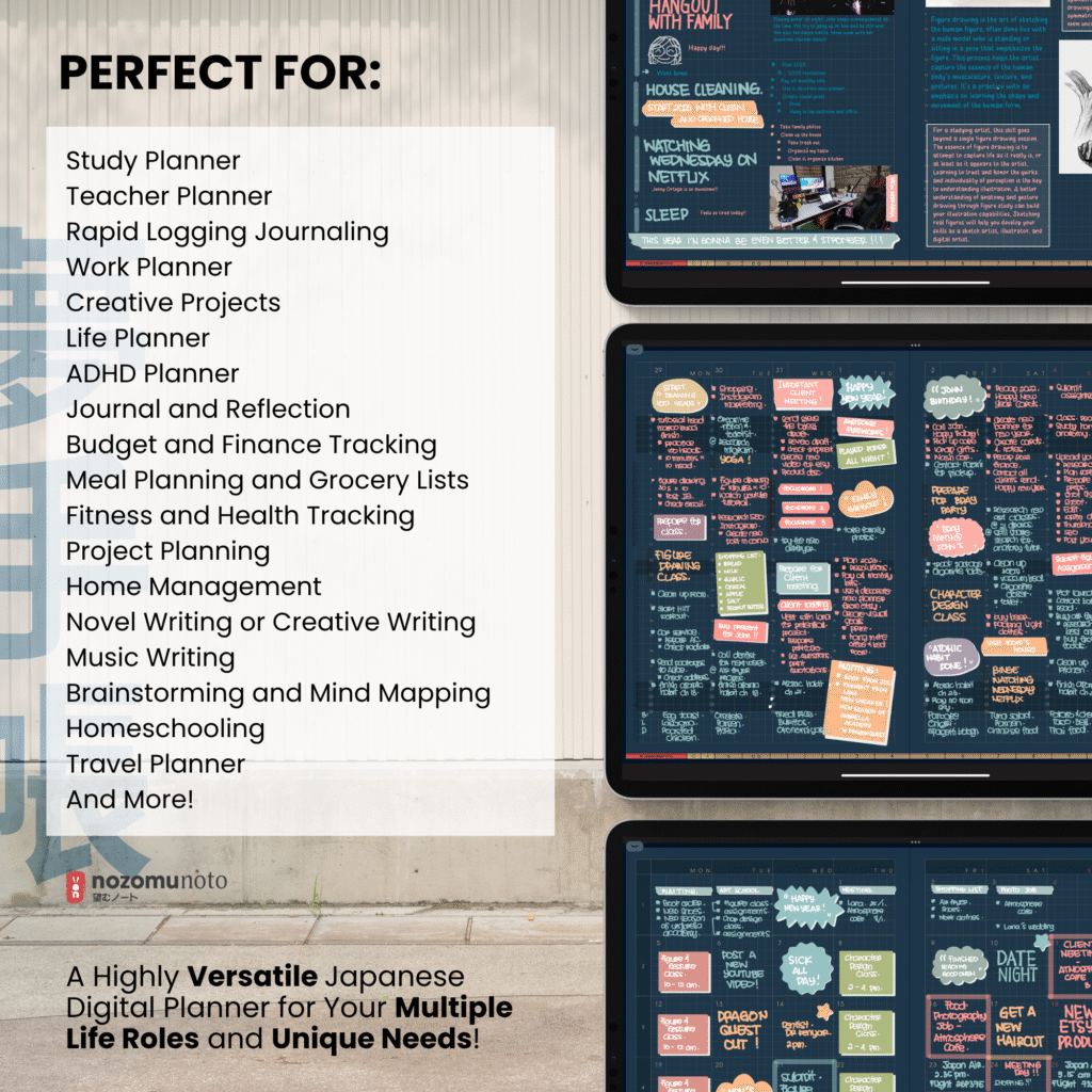 Undated Digital Planner Yume Techo NozomuNoto Notebook Daily Weekly Monthly Calendar Japanese Multipurpose Minimalist ADHD Bullet Journal Hyperlinked PDF Goodnotes Notability Landscape Android iPad Student Study Noteshelf Samsung Notes Hobonichi Noteful Penly Kilonotes Collanote Zoomnotes