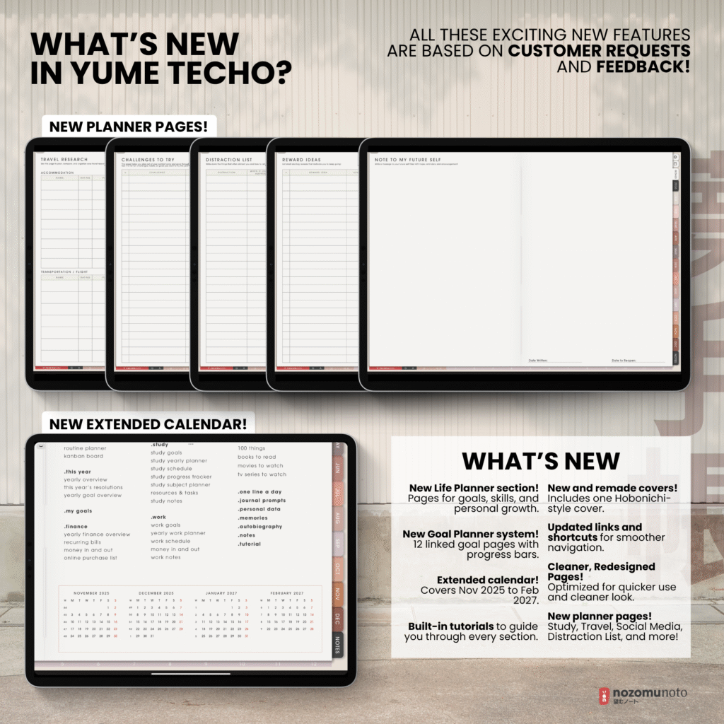 2026 Digital Planner Yume Techo NozomuNoto Notebook Daily Weekly Monthly Calendar Japanese Multipurpose Minimalist ADHD Bullet Journal Hyperlinked PDF Goodnotes Notability Landscape Android iPad Student Study Noteshelf Samsung Notes Hobonichi Noteful Penly Kilonotes Collanote Zoomnotes