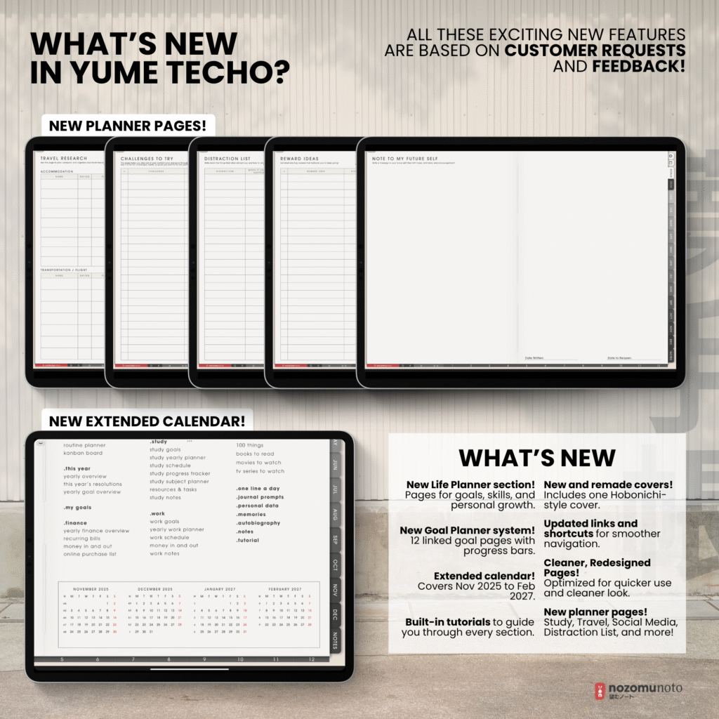 2026 Digital Planner Yume Techo NozomuNoto Notebook Daily Weekly Monthly Calendar Japanese Multipurpose Minimalist ADHD Bullet Journal Hyperlinked PDF Goodnotes Notability Landscape Android iPad Student Study Noteshelf Samsung Notes Hobonichi Noteful Penly Kilonotes Collanote Zoomnotes