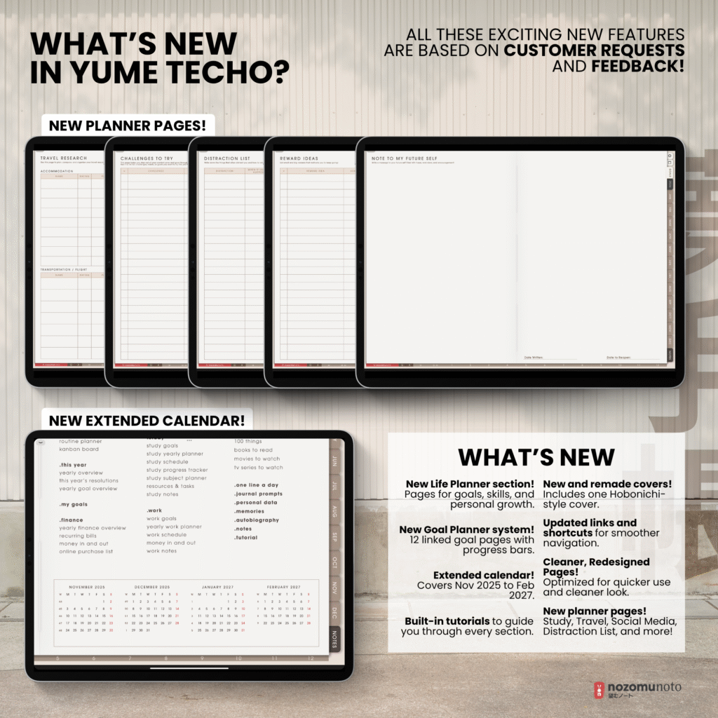 2026 Digital Planner Yume Techo NozomuNoto Notebook Daily Weekly Monthly Calendar Japanese Multipurpose Minimalist ADHD Bullet Journal Hyperlinked PDF Goodnotes Notability Landscape Android iPad Student Study Noteshelf Samsung Notes Hobonichi Noteful Penly Kilonotes Collanote Zoomnotes