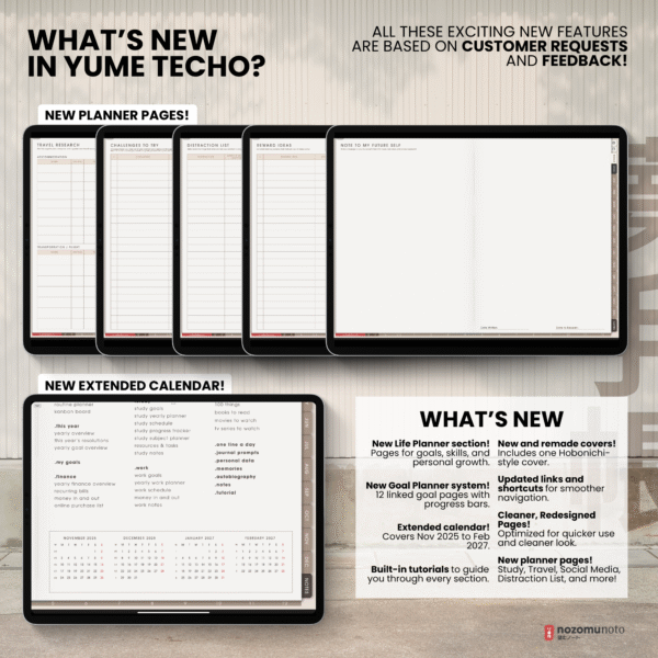 7. What's New 2026 Digital Planner Yume Techo NozomuNoto Notebook Daily Weekly Monthly Calendar Japanese Multipurpose Minimalist ADHD Bullet Journal Hyperlinked PDF Goodnotes Notability Landscape Android iPad Student Study Noteshelf Samsung Notes Hobonichi Noteful Penly Kilonotes Collanote Zoomnotes