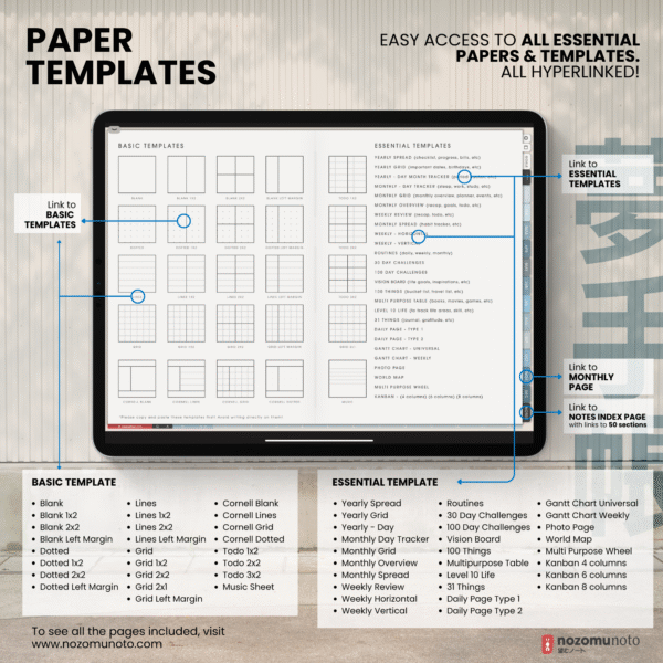 9. Paper Templates Undated Digital Planner Yume Techo NozomuNoto Notebook Daily Weekly Monthly Calendar Japanese Multipurpose Minimalist ADHD Bullet Journal Hyperlinked PDF Goodnotes Notability Landscape Android iPad Student Study Noteshelf Samsung Notes Hobonichi Noteful Penly Kilonotes Collanote Zoomnotes