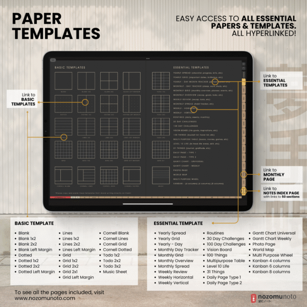 9. Paper Templates Undated Digital Planner Yume Techo NozomuNoto Notebook Daily Weekly Monthly Calendar Japanese Multipurpose Minimalist ADHD Bullet Journal Hyperlinked PDF Goodnotes Notability Landscape Android iPad Student Study Noteshelf Samsung Notes Hobonichi Noteful Penly Kilonotes Collanote Zoomnotes