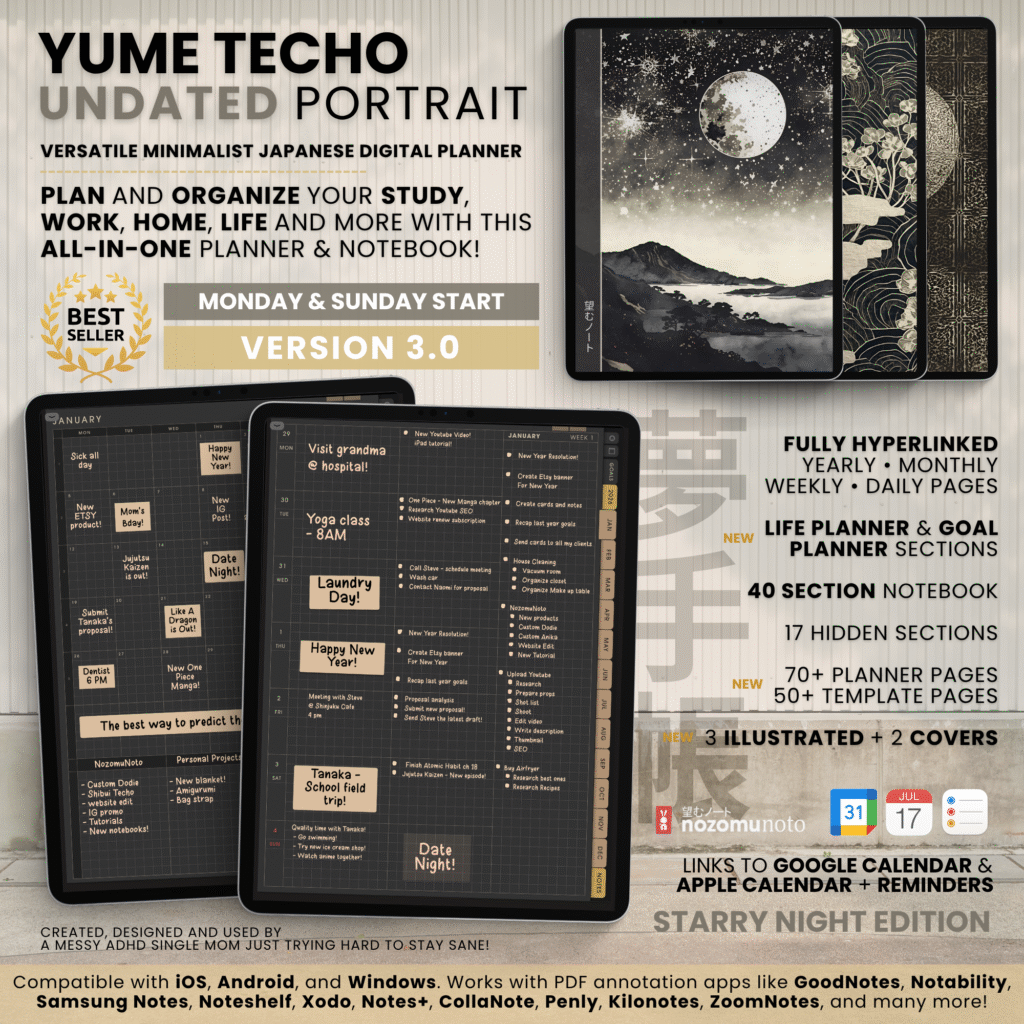 Undated Digital Planner Yume Techo NozomuNoto Notebook Daily Weekly Monthly Calendar Japanese Multipurpose Minimalist ADHD Bullet Journal Hyperlinked PDF Goodnotes Notability Portrait Android iPad Student Study Noteshelf Samsung Notes Hobonichi Noteful Penly Kilonotes Collanote Zoomnotes