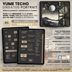 Undated Digital Planner Yume Techo NozomuNoto Notebook Daily Weekly Monthly Calendar Japanese Multipurpose Minimalist ADHD Bullet Journal Hyperlinked PDF Goodnotes Notability Portrait Android iPad Student Study Noteshelf Samsung Notes Hobonichi Noteful Penly Kilonotes Collanote Zoomnotes