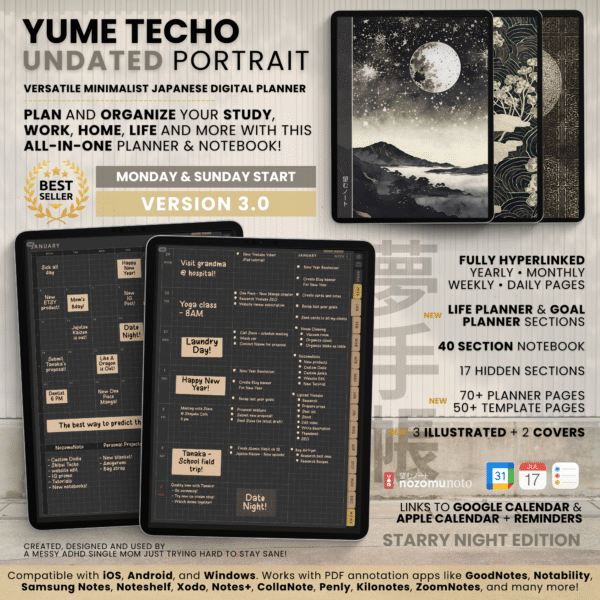 1. Title Undated Digital Planner Yume Techo NozomuNoto Notebook Daily Weekly Monthly Calendar Japanese Multipurpose Minimalist ADHD Bullet Journal Hyperlinked PDF Goodnotes Notability Portrait Android iPad Student Study Noteshelf Samsung Notes Hobonichi Noteful Penly Kilonotes Collanote Zoomnotes