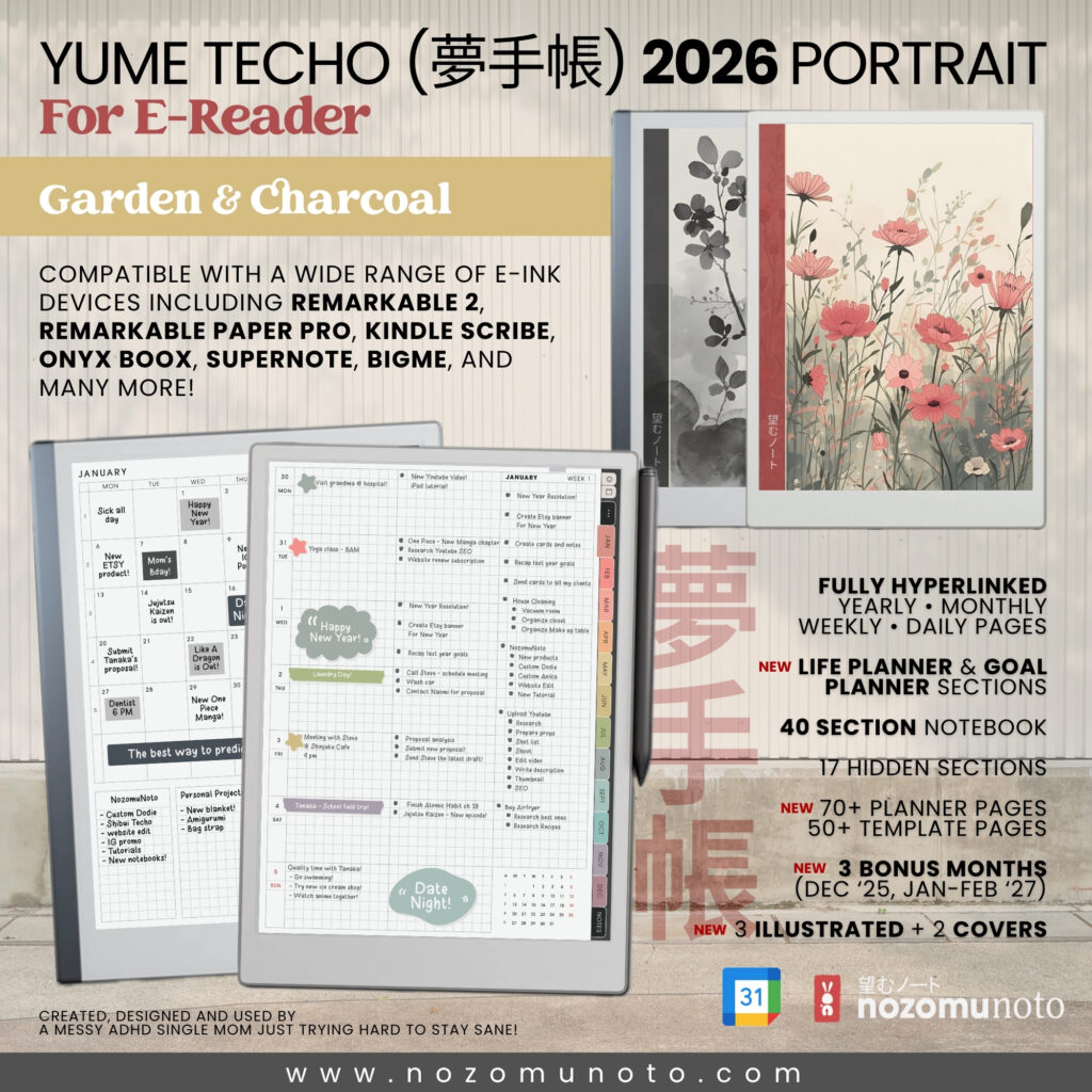 2026 Digital Planner Yume Techo Remarkable 2 Paper Pro Onyx Boox Supernote Bigme Kindle Scribe NozomuNoto Notebook Daily Weekly Monthly Calendar Japanese Multipurpose Minimalist ADHD Bullet Journal Hyperlinked PDF Student Study Hobonichi Noteful Penly Kilonotes Collanote Zoomnotes