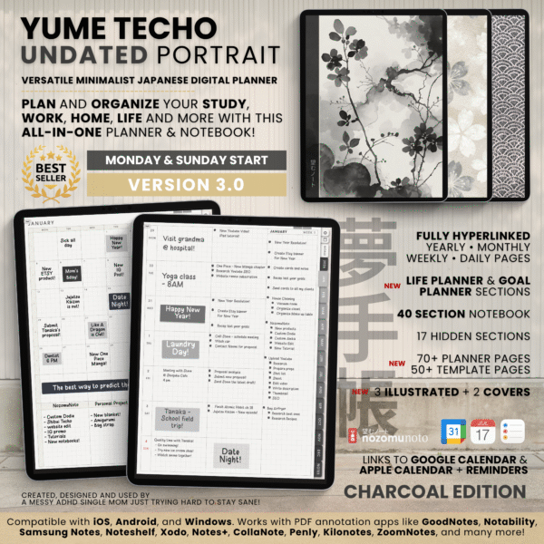 Undated Digital Planner Yume Techo NozomuNoto Notebook Daily Weekly Monthly Calendar Japanese Multipurpose Minimalist ADHD Bullet Journal Hyperlinked PDF Goodnotes Notability Portrait Android iPad Student Study Noteshelf Samsung Notes Hobonichi Noteful Penly Kilonotes Collanote Zoomnotes