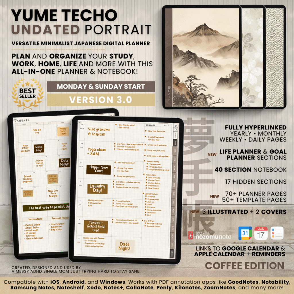 Undated Digital Planner Yume Techo NozomuNoto Notebook Daily Weekly Monthly Calendar Japanese Multipurpose Minimalist ADHD Bullet Journal Hyperlinked PDF Goodnotes Notability Portrait Android iPad Student Study Noteshelf Samsung Notes Hobonichi Noteful Penly Kilonotes Collanote Zoomnotes