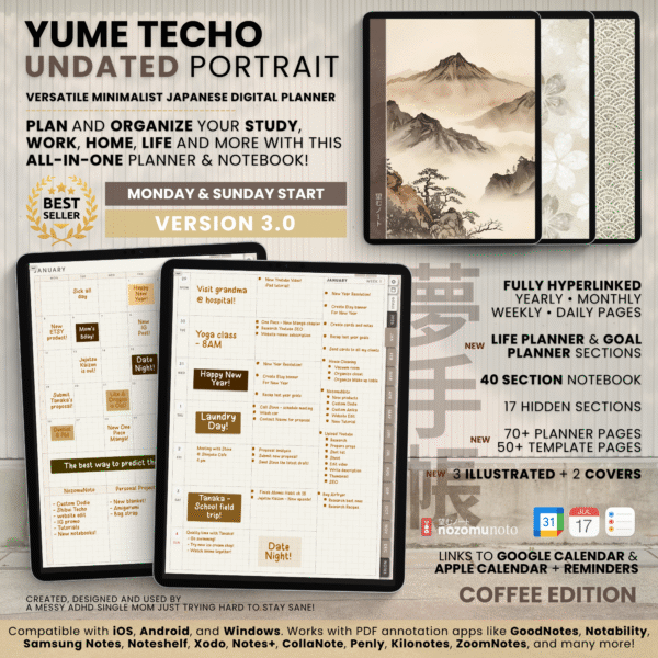 1. Title Undated Digital Planner Yume Techo NozomuNoto Notebook Daily Weekly Monthly Calendar Japanese Multipurpose Minimalist ADHD Bullet Journal Hyperlinked PDF Goodnotes Notability Portrait Android iPad Student Study Noteshelf Samsung Notes Hobonichi Noteful Penly Kilonotes Collanote Zoomnotes